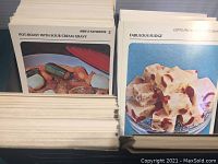 Top view of recipe cards in original box showing Pot-Roast with Sour Cream Gravy and Fabulous Fudge cards.