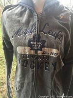 Front view of grey ladies full-zip hoodie with Toronto Maple Leafs embroidery and print