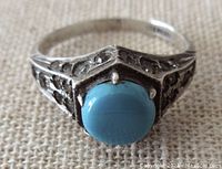 Front view of the sterling silver ring showing the round turquoise stone with surrounding clear stones and decorative band.