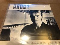 Front cover of Sting's LP 'The Dream of the Blue Turtles' showing a black-and-white close-up photo of Sting with handwritten album title.