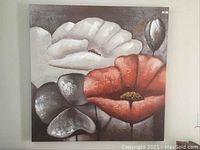 Front view of square art painting on canvas depicting large flowers, mainly red-orange and white against a grey background.