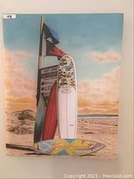 Front view of surfboard-themed canvas art print showing detailed colors and composition.