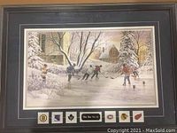 Framed art print depicting children playing pond hockey in winter with Original Six NHL team logos below and a central plaque with the title "When There Were Six".