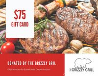 Photo of the gift card showing $75 value with grilled meat background and The Grizzly Grill logo.