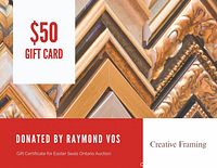 Gift certificate image showing $50 value and decorative framing backgrounds with donation credit to Raymond Vos.