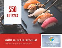 Photo showing a gift card for $50 value with sushi food image and Choi's Roll branding to indicate the restaurant gift card value and donor information.