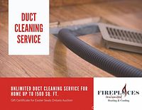 Promotional graphic showing vacuum hose inserted into floor vent with text 'Duct Cleaning Service' and Fireplaces Unlimited logo