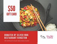 Photo of promotional card showing $50 in gift cards to Silver Wok Restaurant Kingston with a photo of a stir fry dish and text indicating no expiration date.