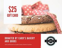 Photo of promotional image showing cookies with $25 gift card text and Cards Bakery and Goods logo