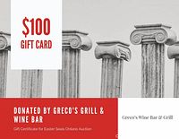 Gift certificate with $100 value indicated, decorative pillars background, donated by Greco's Grill & Wine Bar.