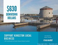 Printed advertisement showing $630 Downtown Dollars text over Kingston waterfront image