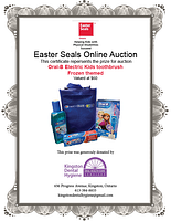 Photo of certificate showing kit includes Frozen themed Oral-B electric kids toothbrush, toiletry bag, toothpaste, and mouthwash donated by Kingston Dental Hygiene.