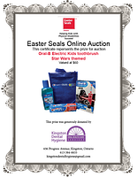 Certificate showing the prize for auction: Oral-B Electric Kids toothbrush Star Wars themed kit with dental hygiene products donated by Kingston Dental Hygiene.