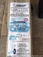 Label on carry/storage bag showing FIRST-UP brand, 10x10 ft size, and uses for gazebo with detachable screen.