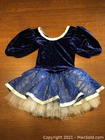 Full view of the vintage ballet dress showing velvet bodice with puffed sleeves and lace skirt overlay with tulle underneath