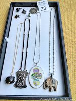 Full view of all necklaces and small pendants placed in a collection tray including a black rounded pendant, black and silver shield-shaped pendant, colorful Easter egg oval pendant, elephant shaped pendant, and three small decorative pieces.