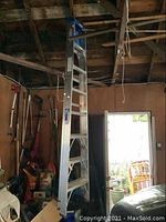 Full view of the Werner extension ladder standing upright in a garage environment including surrounding tools and garage wall.
