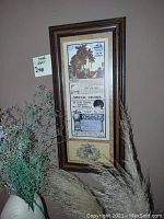 Photo showing one framed vintage style travel print with advertising of cruises around South America, framed in dark wood with matting and signature.