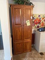 Front view of closed oak cabinet showing full height and door layout