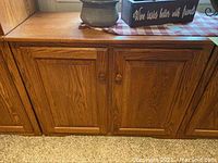 Close-up of one cabinet showing wood grain, two panel doors, and wooden knobs.