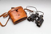 Kershaw binoculars and leather carrying case side by side on a white background.