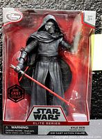 Front view of sealed Kylo Ren die-cast figure in Disney Store branded Star Wars Elite Series box.