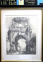 Framed black and white architectural print showing the Arco di Druso in Rome, surrounded by foliage and ruins with a figure and dog underneath the arch.