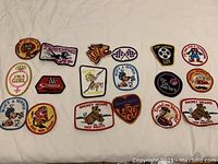 Full layout of 15 vintage embroidered patches from the 1970s with various cartoon and logo designs, bright colors, and varied shapes.