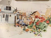 Wide view of watercolour print showing houseboats, flowers in pots, dock, and background buildings.