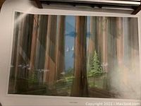 Full view of the art print showing forest trees and sailboats in the background.