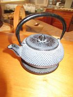 Front and side view of small cast iron teapot with textured body and black handle and lid knob.