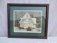 Full view of framed Walter Campbell winter cottage print showing the entire artwork and frame.