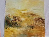 Front view of the large square acrylic painting showing a textured landscape with gold and earth tones.
