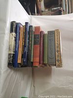 Photo showing the full row of approximately 12 assorted books on a white cloth background.
