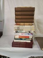 Stack of approx 20 books showing titles related to First Nations and ancient civilizations including Aztecs, Maya, and Incas. Varied sized books with cloth and paper covers.