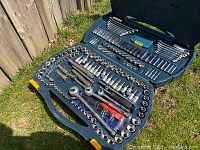 Open Mastercraft socket set showing the entire array of tools inside the molded carrying case.