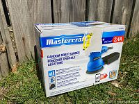 Box of Mastercraft 5 inch Random Orbit Sander showing front with product image and specs.