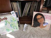 Photo showing vinyl LPs stored in a wooden shelf with some albums visible, including Nana Mouskouri 'Roses & Sunshine' and Strich 'Cherrywood Mo Terre'.