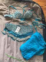 Full belly dancer costume laid flat showing bra, hip belt, wristband, and underwear