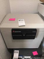 Closed beige Sentry 1170 fire safe with black locking panel on front.
