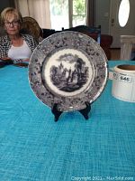 Full view of the antique plate on black display stand showing Rhone Scenery pattern with border details and overall condition.