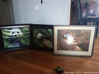 Three framed art prints arranged on the floor: two with panda images in wooden frames and one larger with Jesus and child in a green and black frame.
