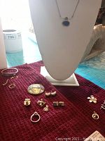 Overview of the jewelry lot placed on red textured fabric, showing necklace on display stand, brooch, charms, earrings.