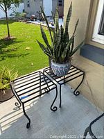 Two black wrought iron outdoor tables, one 16x16 inches and one 18x18 inches with plants on top, photographed on concrete outdoor area.