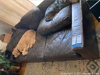 Full view of brown leather couch with two dogs lying on it, showing scratches and worn leather on cushions and armrest.