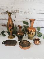 Full lot of 6 copper items including 2 water jugs, vase, pot, ashtray, and Dutch penny box