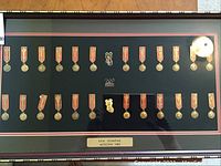 Framed display of reproduction/commemorative medals from 1980 Moscow Olympics with two rows of pins, including mascot pins and Olympic Rings pin.