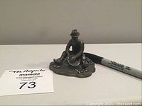 Front view showing seated prospector holding a gold pan, with base and rock details visible