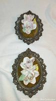 Photo of two Capodimonte porcelain flower wall decorations with ornate metal frames and brown felt background, showing detailed petals and leaves with pastel colors.