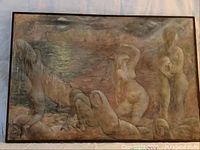 Full view of framed oil painting showing all five nude figures and waterfall scene